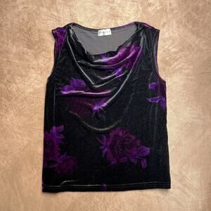 Vintage 90s Ninety Floral Metallic Sleeveless Cowl Neck Velour Top Whimsigoth